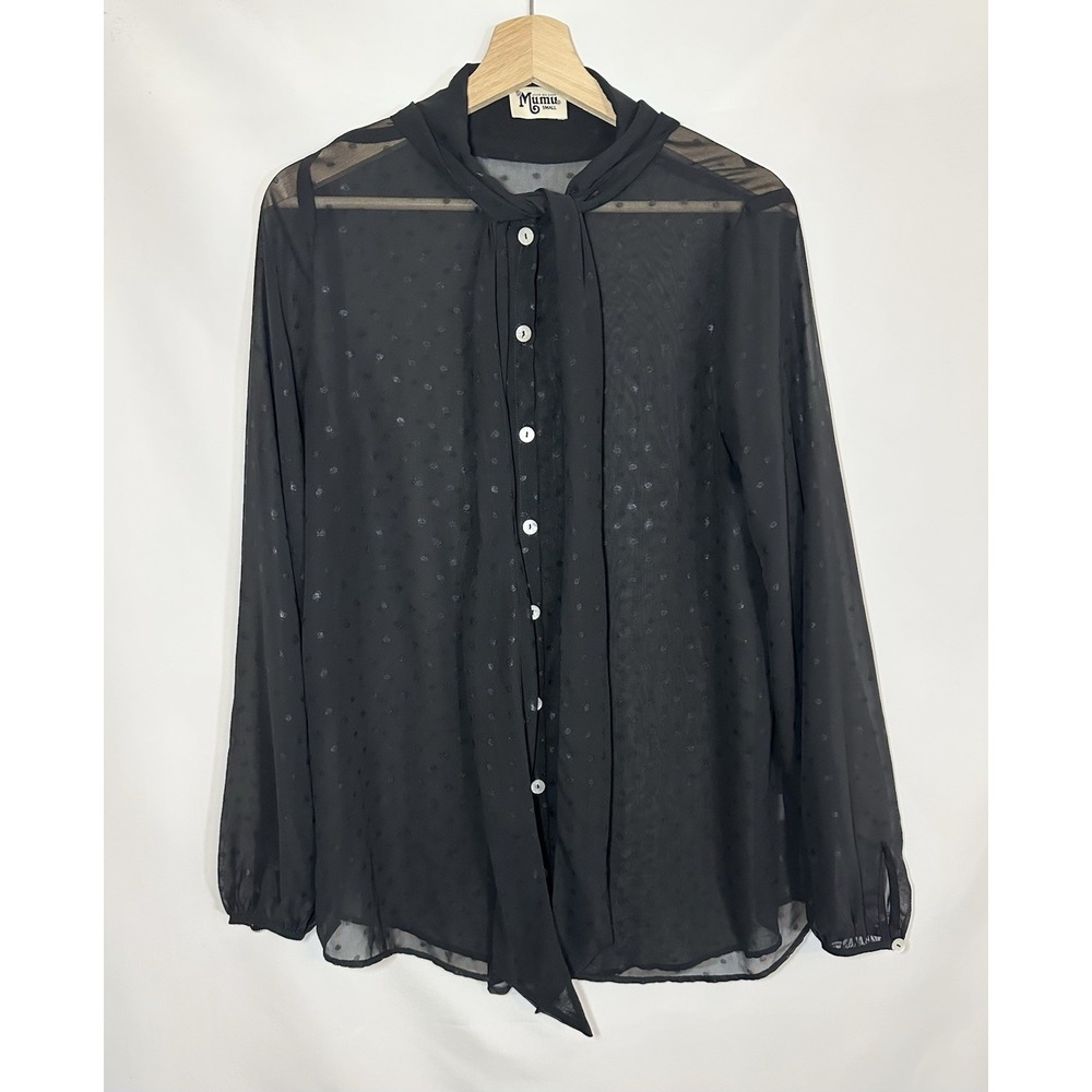 Show Me Your Mumu Blaine Top SMALL Black Sheer Polka Dot Long Sleeve Blouse